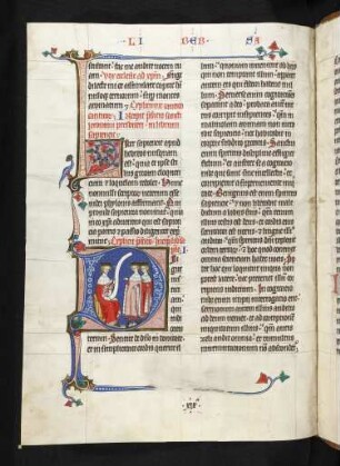 Deckfarbeninitiale D mit bewohnten Randausläufern, historisiert: König Salomo unterrichtet junge Könige