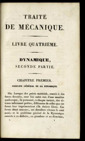 Chapitre premier. Principe généal de la dynamique.