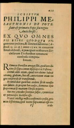 Scriptum Philippi Melanthonis De Potestate et primatu Papae seu regno Antichristi: