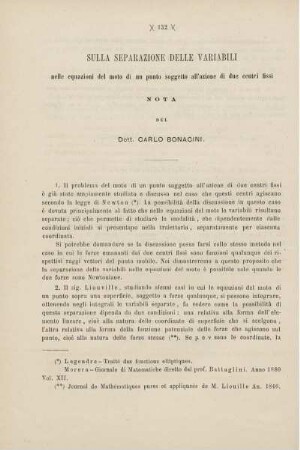 Sulla separazione delle variabili nelle equazioni del moto di un punto soggetto all'azione di due centri fissi.