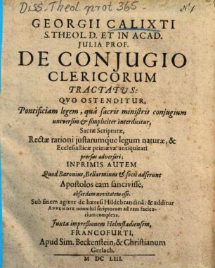 Georgii Calixti ... De Conjugio Clericorum Tractatus