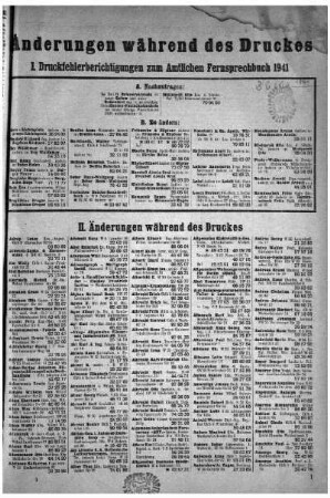 I. Druckfehlerberichtigungen zum Amtlichen Fernsprechbuch 1941