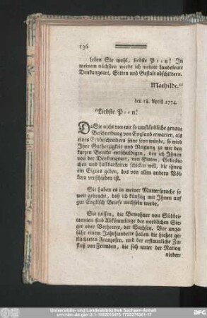 den 18. Aprill 1774. Liebste P-n!