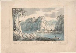Das Elbtal mit Herrnskretschen (Hřensko, Tschechien) in der Böhmischen Schweiz nach Nordosten, mit der Mündung der Kamnitz vor dem Herrenhaus und Felsen