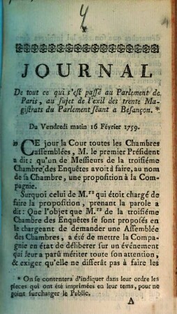 Journal De tout qui s'est passé au Parlement de Paris, au sujet de l'exil des trente Magistrats du Parlement séant a Besançon