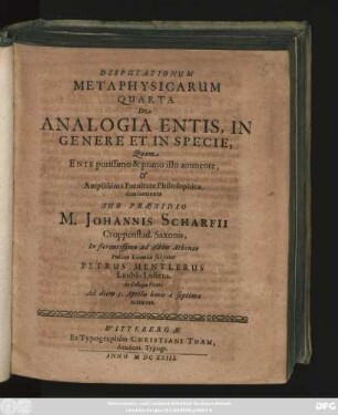 Disputationum Metaphysicarum Quarta De Analogia Entis, In Genere Et In Specie,