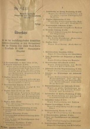 Übersicht über die bei der verfassunggebenden Preußischen Landesversammlung zu dem Gesetzentwurf über die Bildung einer Stadt Groß-Berlin - Drucksache Nr 1286 - eingegangenen Eingaben