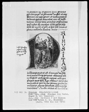 Stephan von Paris, Auslegung der Regel des heiligen Benedikt — Initiale P (rimus), darin Benedikt erhält Nahrung, Folio 27recto