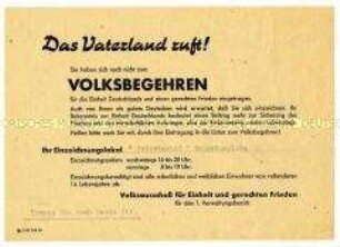 Aufruf zur Einzeichnung in die Listen des Volksbegehrens für Einheit und gerechten Frieden