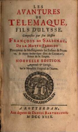 Les Avantures De Telemaque, Fils D'Ulysse