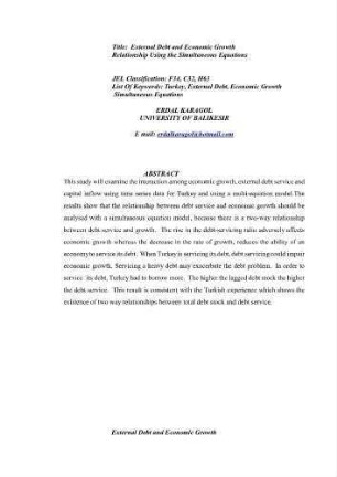 External Debt and Economic Growth Relationship Using the Simultaneous Equations
