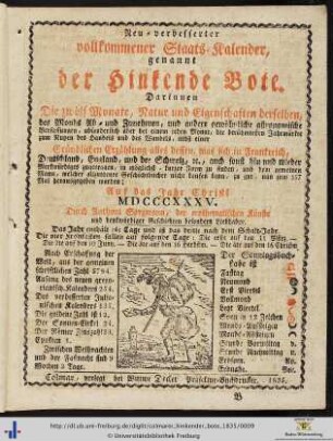 Neu-verbesserter vollkommener Staats-Kalender, genannt der Hinkende Bote.