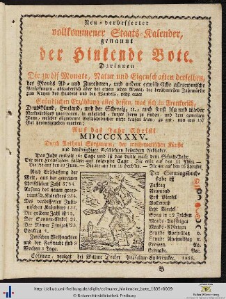 Neu-verbesserter vollkommener Staats-Kalender, genannt der Hinkende Bote.