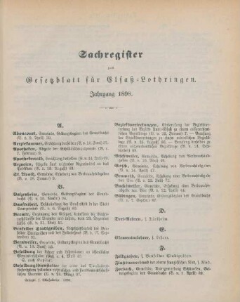 Sachregister zum Gesetzblatt für Elsaß-Lothringen. Jahrgang 1898