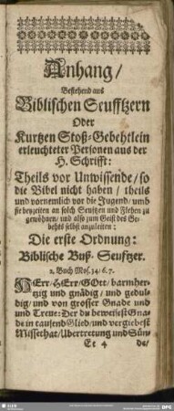Anhang, Bestehend aus Biblischen Seufftzern Oder Kurtzen Stoß-Gebethlein erleuchteter Personen aus der H. Schrifft ...