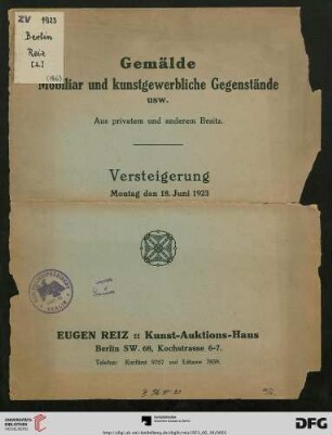 Gemälde, Mobiliar und kunstgewerbliche Gegenstände usw. aus privatem und anderem Besitz : Versteigerung 18. Juni 1923