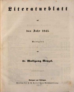 Morgenblatt für gebildete Leser. Literaturblatt. 1845