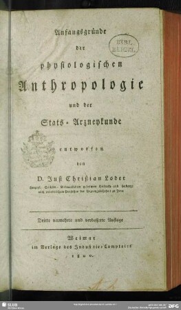 Anfangsgründe der physiologischen Anthropologie und der Stats-Arzneykunde