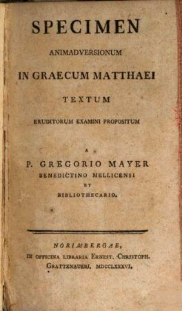 Specimen Animadversionum In Graecum Matthaei