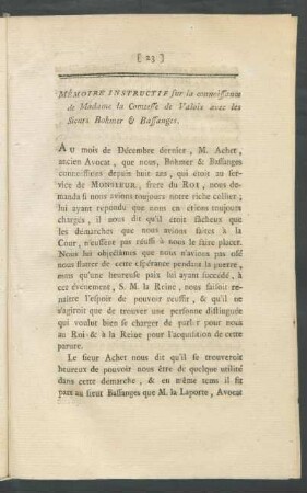 Mémoire Instructif sur la connoissance de Madame la Comtesse de Valois avec les Sieurs Bohmer & Bassanges