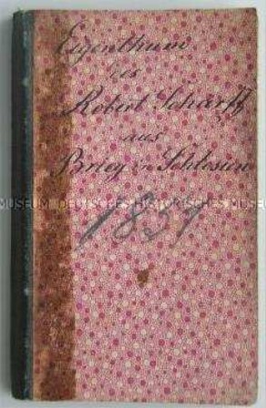 Familien-Konvolut der Familie Schärff - Notizbuch aus dem Jahre 1851, geführt von Robert Schärff mit handschriftlichen Eintragungen über Kunden, Materialpreise, finanzielle Angelegenheiten und techn. Skizzen; Brieg, 1851