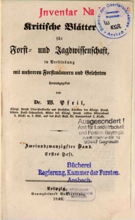 Kritische Blätter für Forst- und Jagdwissenschaft. 22. 1846