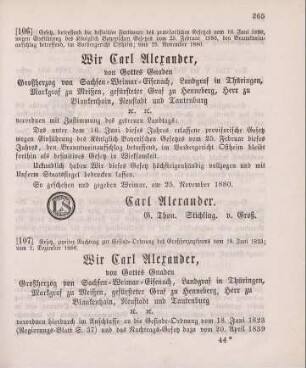 106. Gesetz, betreffend die definitive Fortdauer des provisorischen Gesetzes vom 16. Juni 1880, wegen Einführung des Königlich Bayrischen Gesetzes vom 25. Februar 1880, den Branntweinaufschlag betreffend, im Vordergericht Ostheim