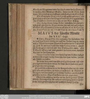 Maius der Fünffte Mondt hat XXXI. Tage.