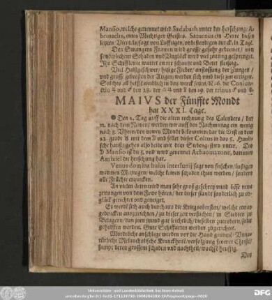 Maius der Fünffte Mondt hat XXXI. Tage.