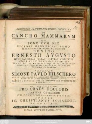 Dissertatio Inavgvralis Medico-Chirvrgica De Cancro Mammarvm