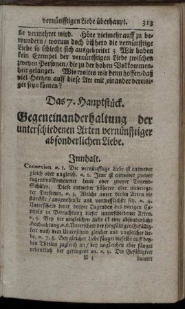 Das 7. Hauptstück. Gegeneinanderhaltung der unterschiedenen Arten vernünfftiger absonderlichen Liebe.