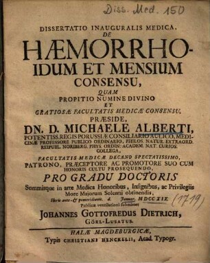 Dissertatio Inauguralis Medica, De haemorrhoidum Et Mensium Consensu