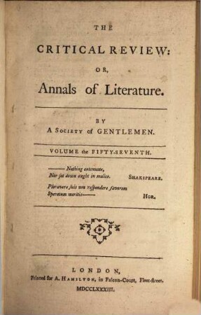 The critical review, or annals of literature. 57. 1784 (1783)