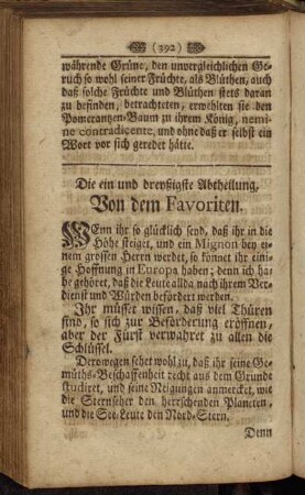Die ein und dreyßigste Abtheilung, Von dem Favoriten. - Die zwey und dreyßigste Abtheilung, Die Sonne der Ehren im Niedergang.