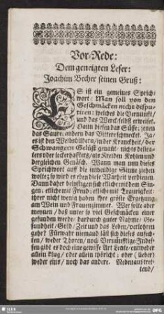 Vor-Rede: Dem geneigten Leser: Joachim Becher seinen Gruß