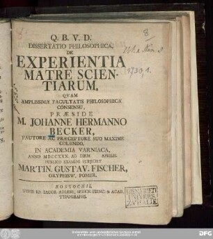 Dissertatio Philosophica, De Experientia Matre Scientiarum