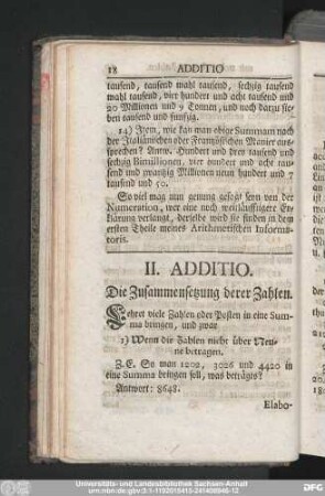 II. Additio. Die Zusammensetzung derer Zahlen.