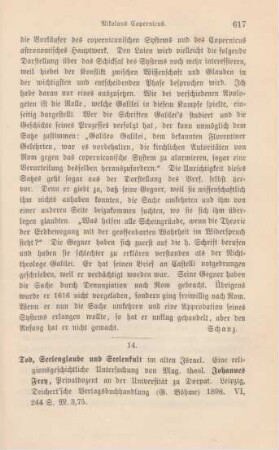 617-620 [Rezension] Frey, Johannes, Tod, Seelenglaube und Seelenkult im alten Israel