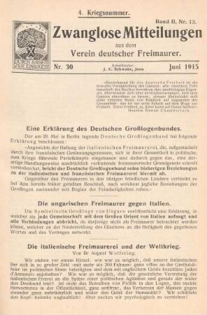 Nr. 30 Juni 1915 4. Kriegsnummer. Band II, Nr. 13.