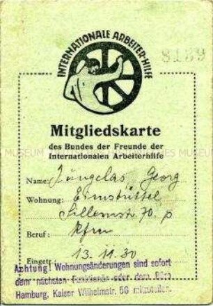 Mitgliedsausweis der Internationalen Arbeiterhilfe