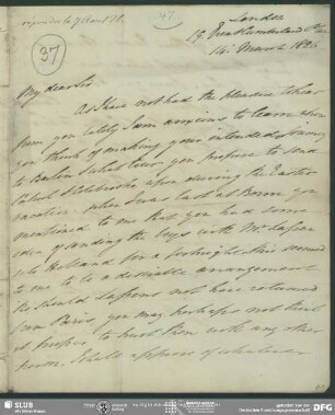 Eigenh. Brief von Alexander Johnston an August Wilhelm von Schlegel, London, 14.03.1826