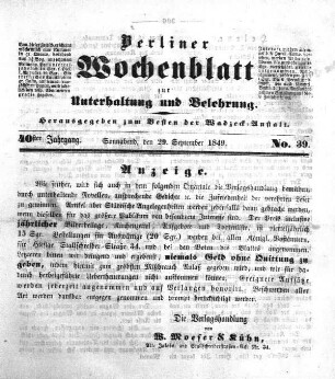 No. 39, Sonnabend, den 29. September 1849.