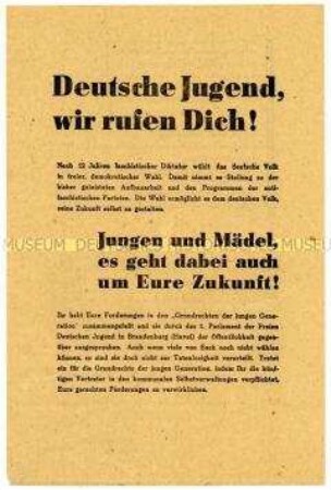 Aufruf des Zentralrats der FDJ an die Jugendlichen, sich an den Gemeindewahlen 1946 zu beteiligen