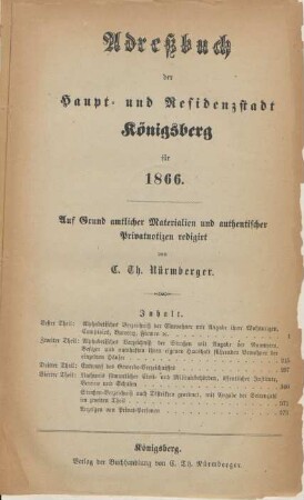 1866: Adreßbuch der Haupt- und Residenzstadt Königsberg i. Pr. und der Vororte