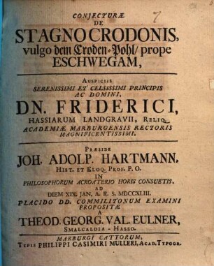 Coniecturae de stagno Crodonis, vulgo dem Croden-Pohl, prope Eschwegam