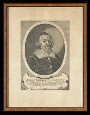 Kupferstich Dr. Andreas Burckhardt (1594-1651), württembergischer Jurist und Kanzler des Herzogtums Württemberg, auf der Rückseite Angaben zur Person, 27 cm hoch x 21 cm breit, im Glasrahmen