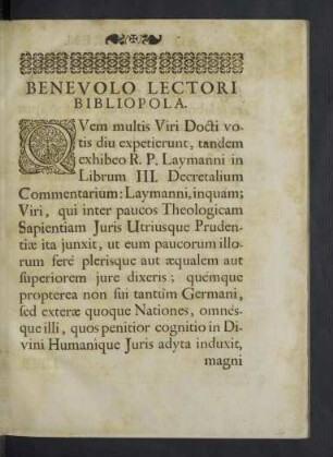 Benevolo Lectori Bibliopola.