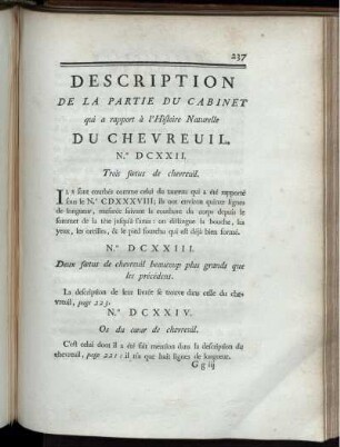 Description De La Partie Du Cabinet qui a rapport à l' Histoire Naturelle Du Chevreuil.