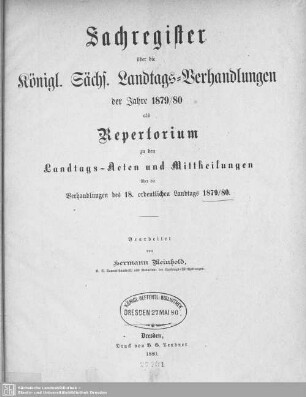 1879/80: Sachregister über die Verhandlungen des ... Ordentlichen Sächsischen Landtages