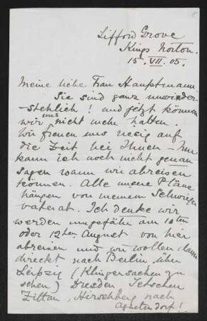Brief von Ethel Mary Fiedler an Margarete Hauptmann